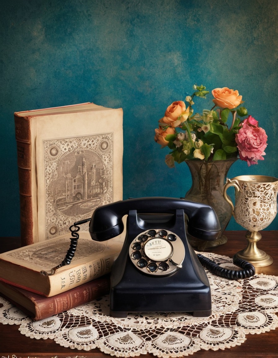 vintage, still life, rotary phone, camera, old books, lace doily