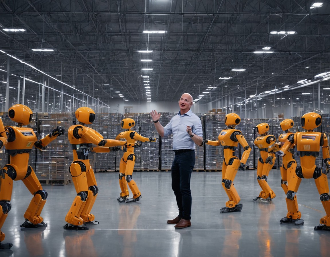 jeff bezos, dance party, robotics, warehouse workers, amazon