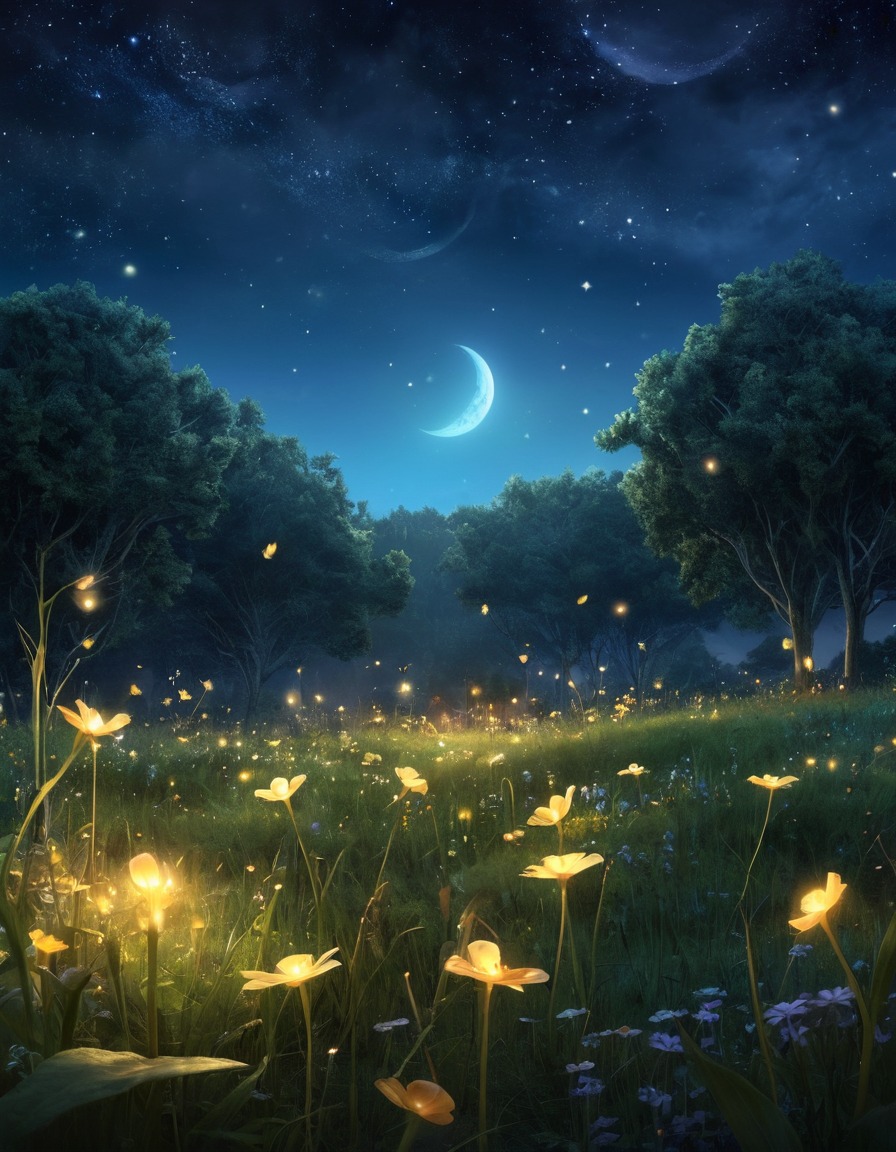 nature, meadow, fireflies, fairies, moonlight, stars, fantastic