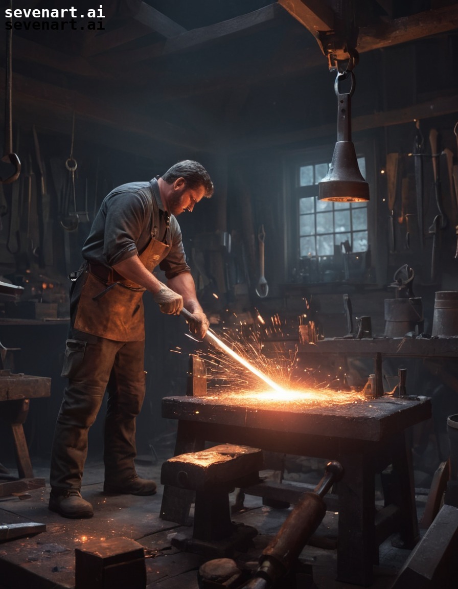 blacksmith, hammering, metalworking, workshop, tools, middle ages