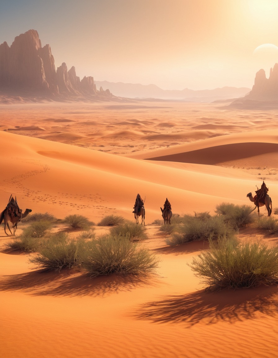 desert, landscape, nomadic tribes, magical beings, sun, fantasy, fantastic