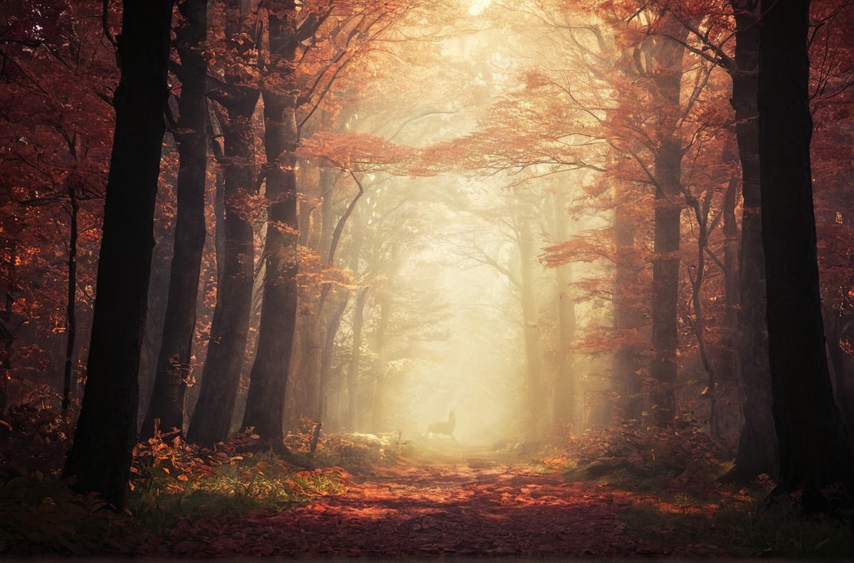 autumn, fall, fog, forest, light, mist, nature, trees, way, photography