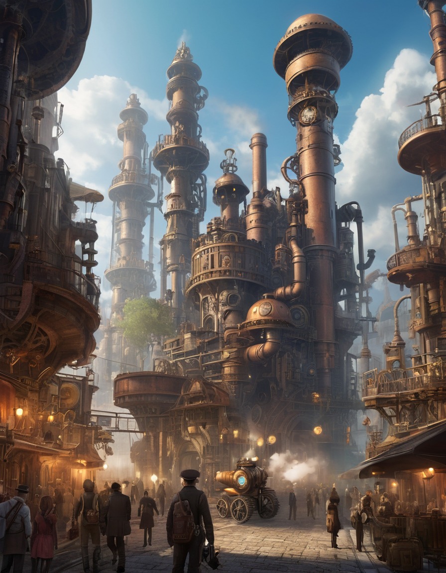 steampunk, cityscape, robots, humans, gears, steam pipes, fantastic