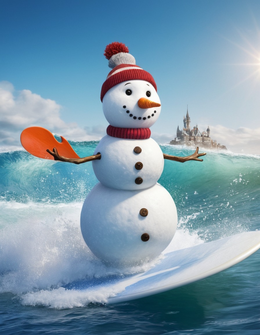 snowman, surfing, ocean, unusual, water sports, winter, nature