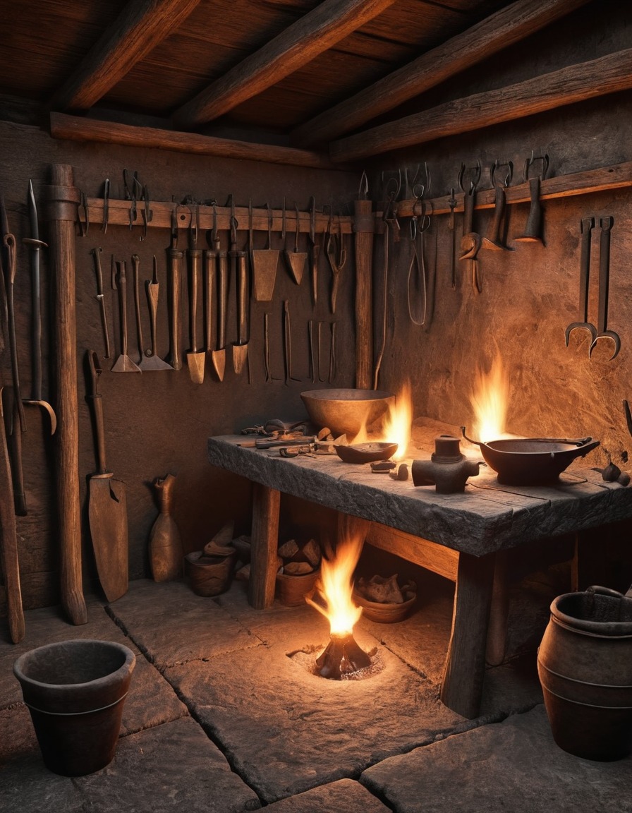 blacksmith, forging, tools, workshop, viking age, scandinavia, 800 ad