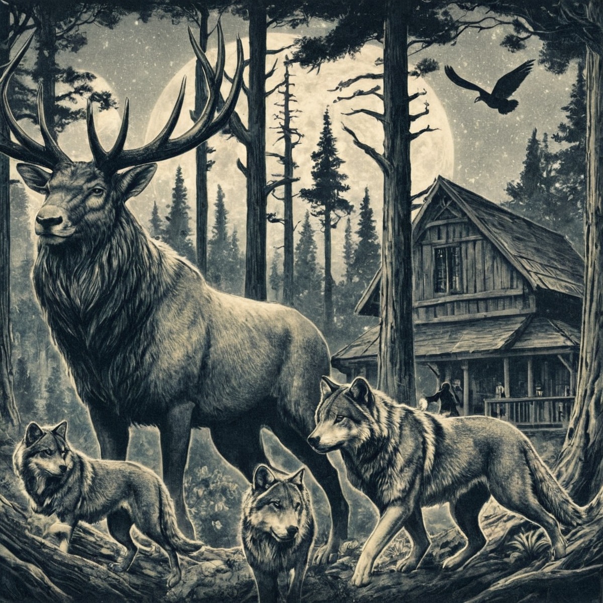 cabin, crow, detailed, elk, forest, gothic, illustration, mystery, nature, oil, pastel, wilderness, wolves, art