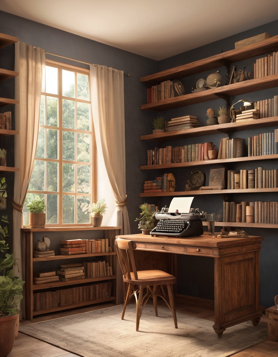 wooden desk, vintage typewriter, shelves, books, home, interior