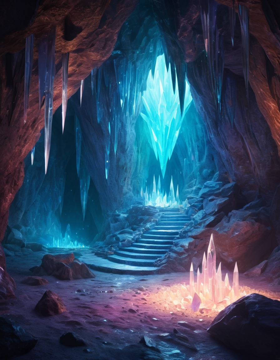 crystal cave, glowing crystals, mysterious energy, fantasy scene, enchanted atmosphere