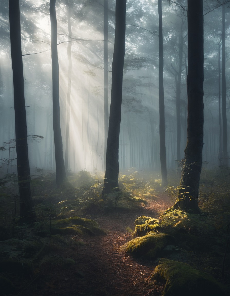 nature, misty, forest, light, shadows