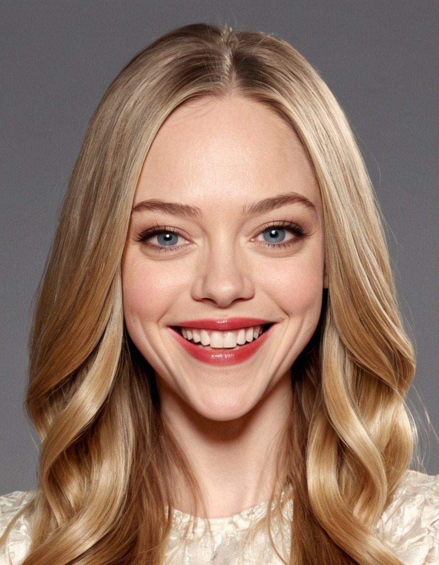 amanda seyfried, caricature, big head, crazy smile