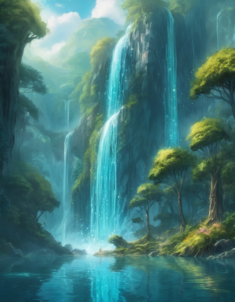 water nymphs, waterfall, mystical, lake, fantasy, fantastic