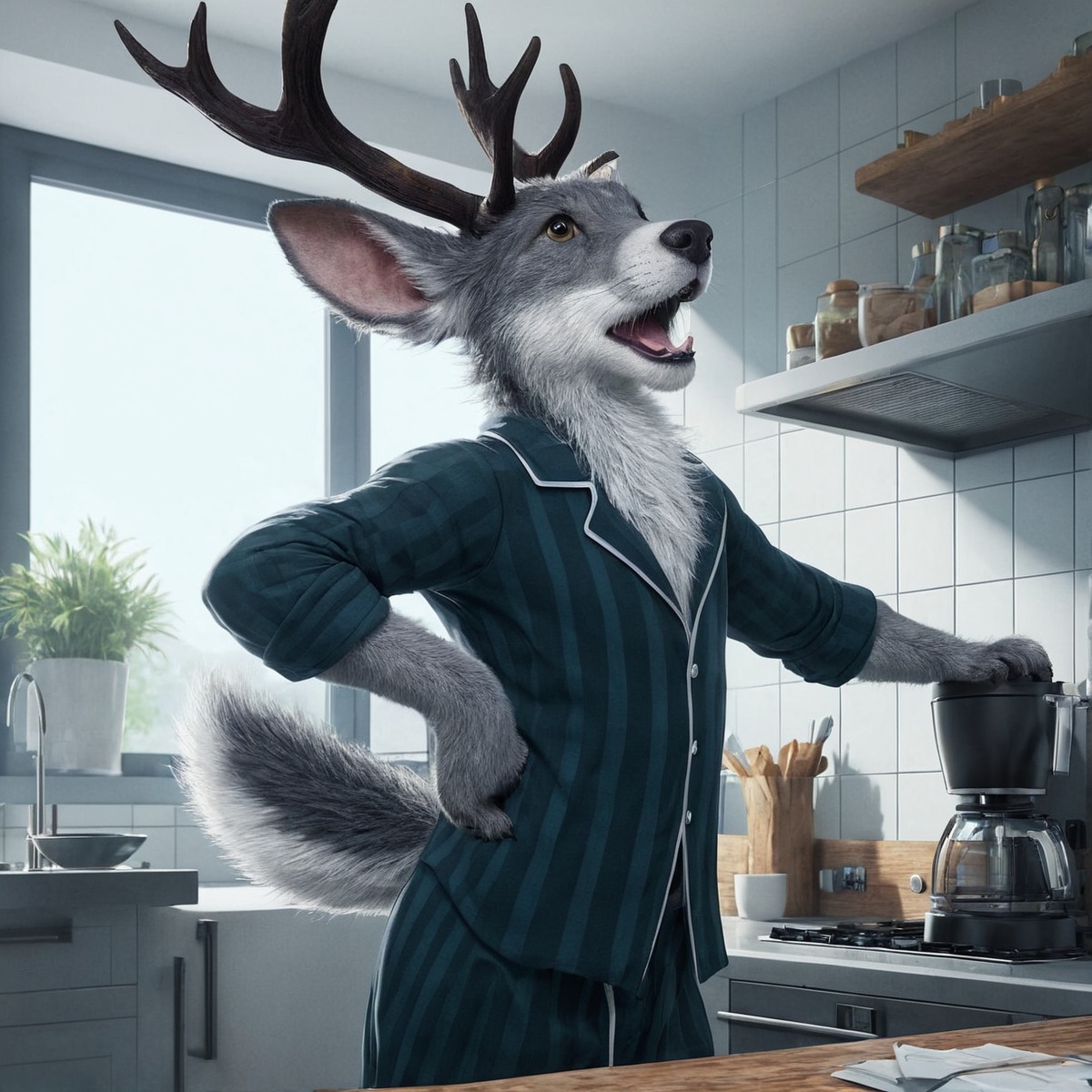 deer, anthrofurry, coffee, hare, kitchen, pajamas, yawn, ai_generated