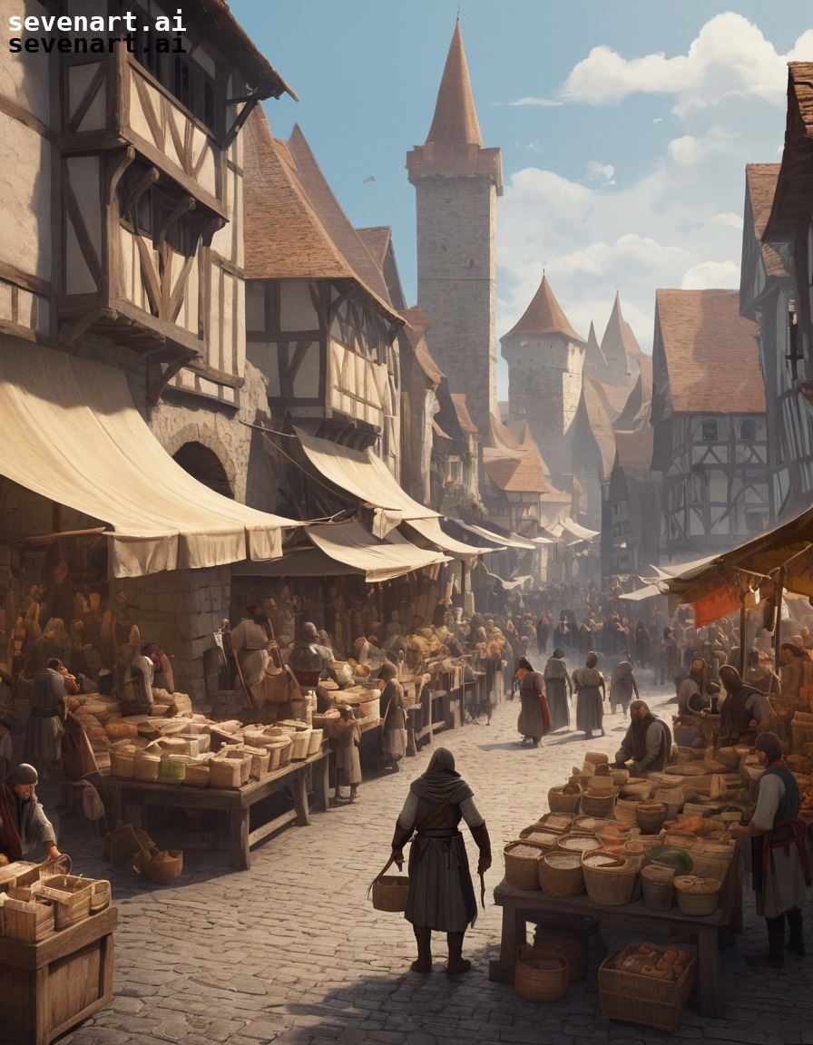 medieval, marketplace, town, merchants, villagers, middle ages