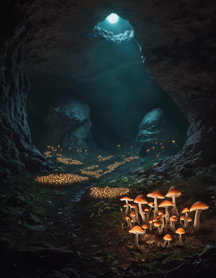 mystical, glowing mushrooms, cave, mystery, nature, illumination