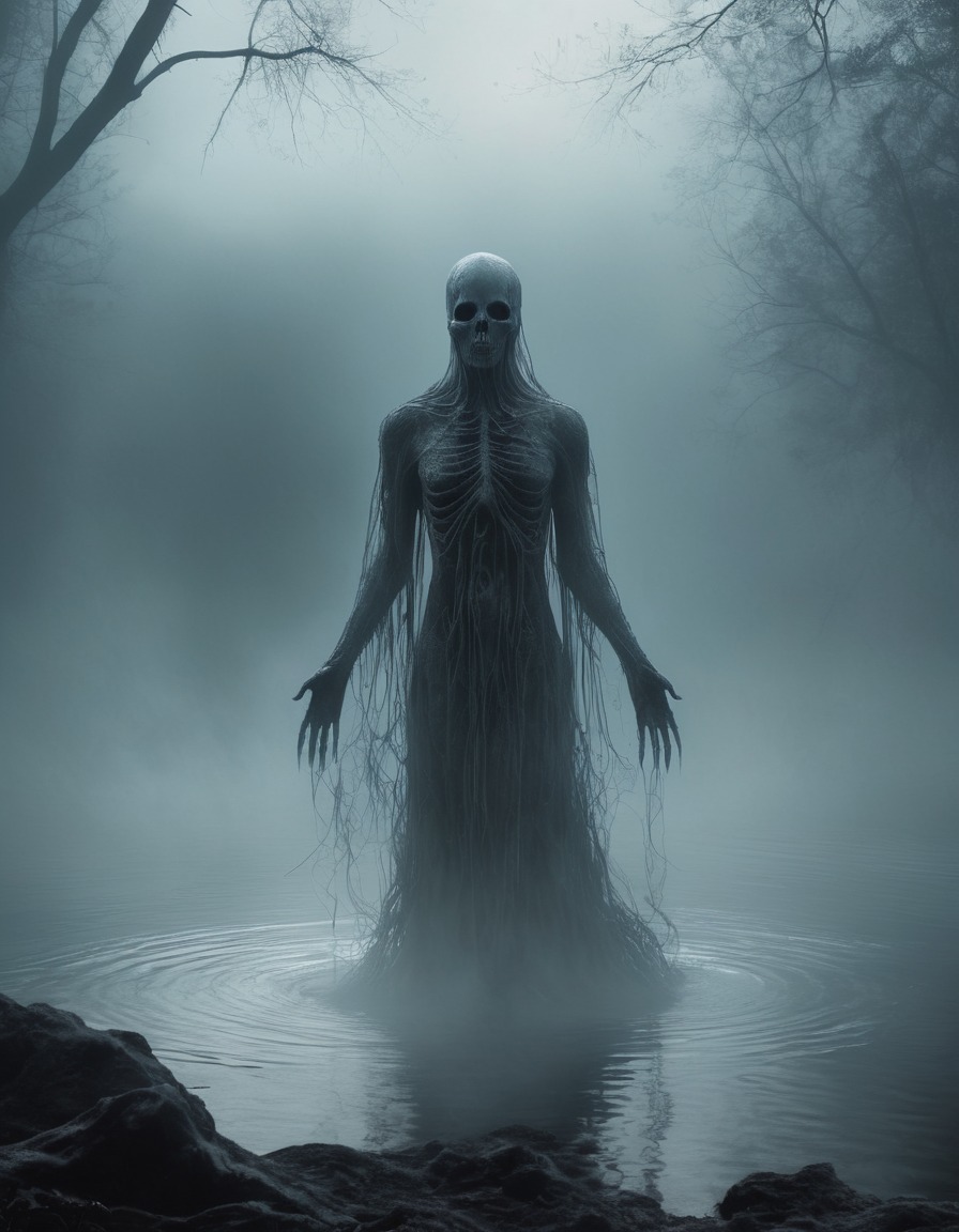 spooky, misty, spectral figure, lake, mystery, gothic, underground, dark