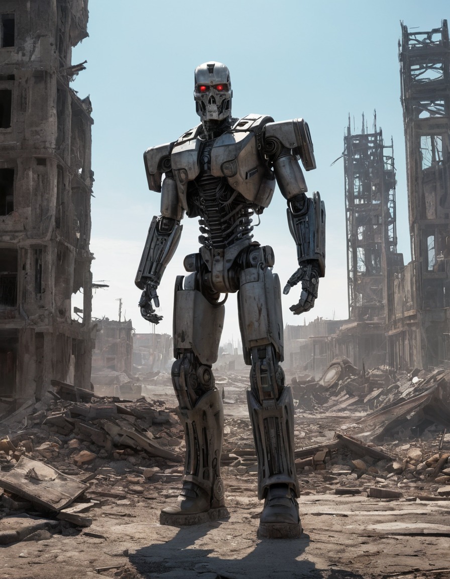 t-800, terminator, post-apocalyptic, cityscape, ruins, robots, games, movies