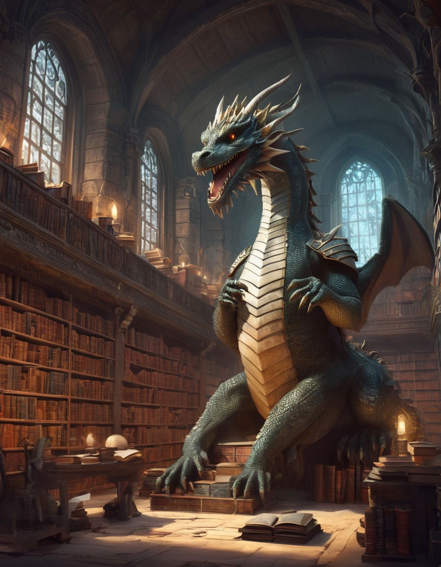 fantasy, ancient, library, dragons, knowledge, fantastic