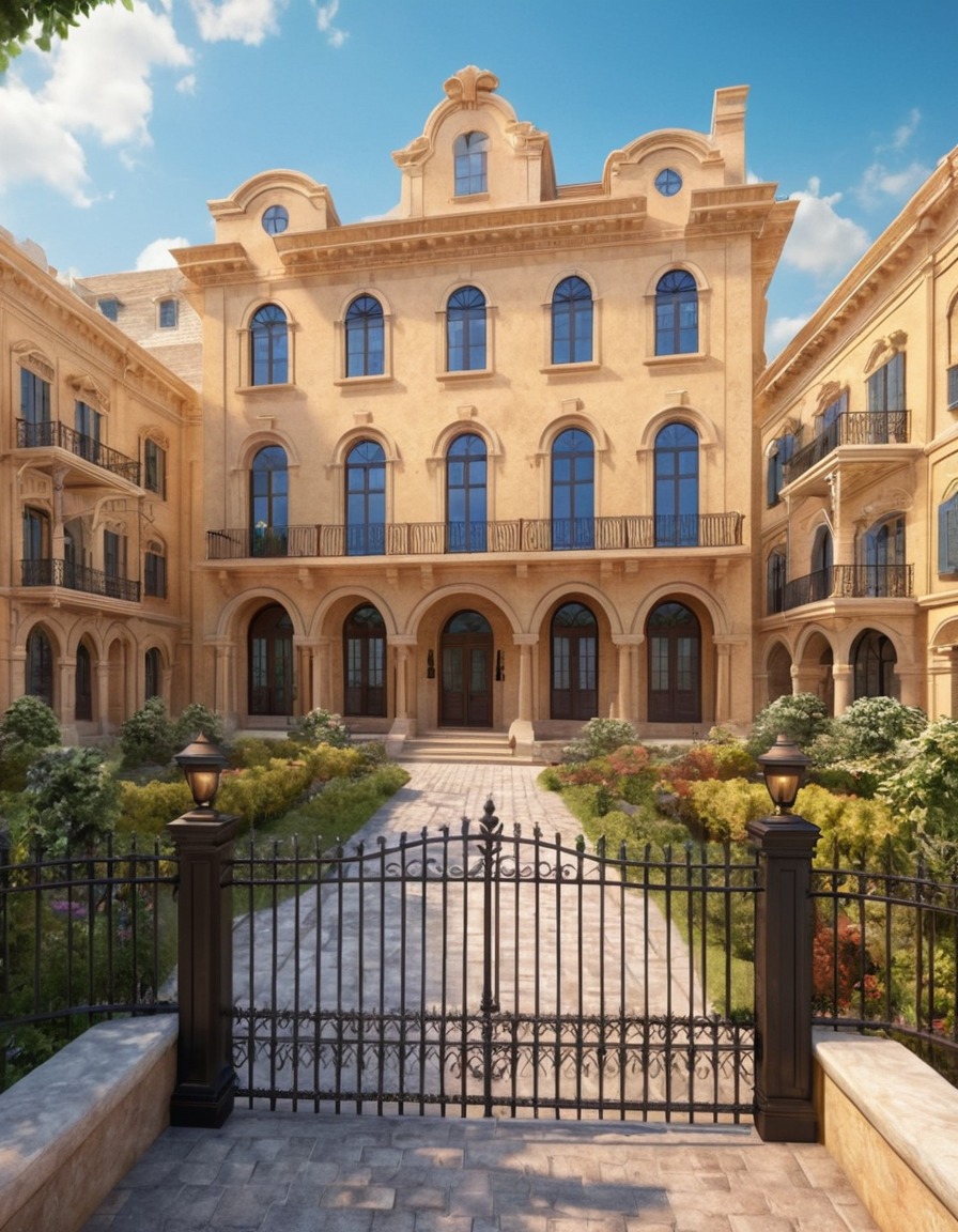 colonial architecture, town square, buildings, iron railings, arched windows, architecture