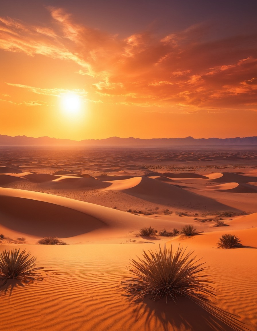 sunset, desert, landscape, golden glow, nature