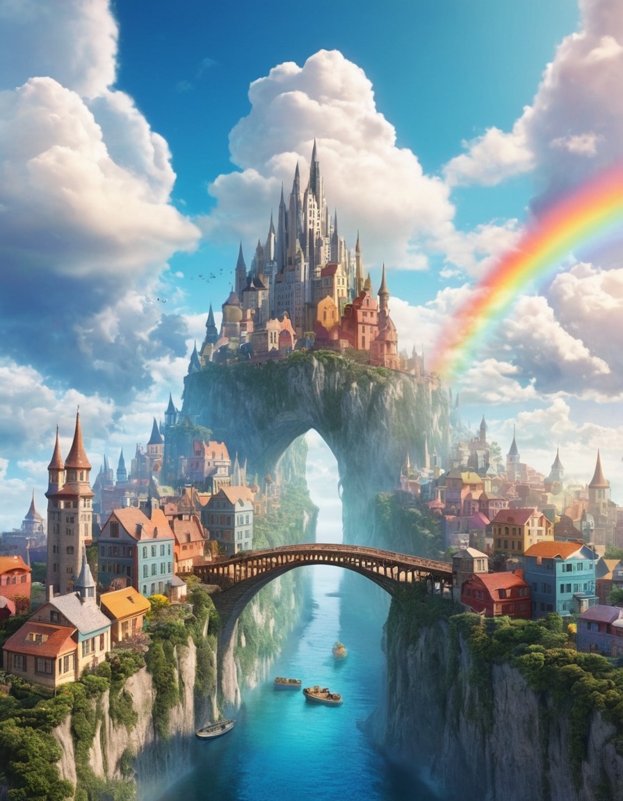 floating city, clouds, rainbow bridges, fantasy, sky, imagination