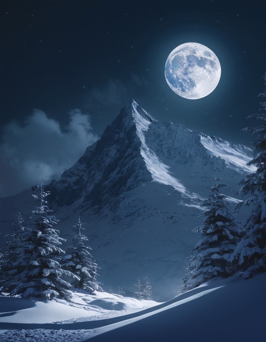 mountains, snow, full moon, nature, serene