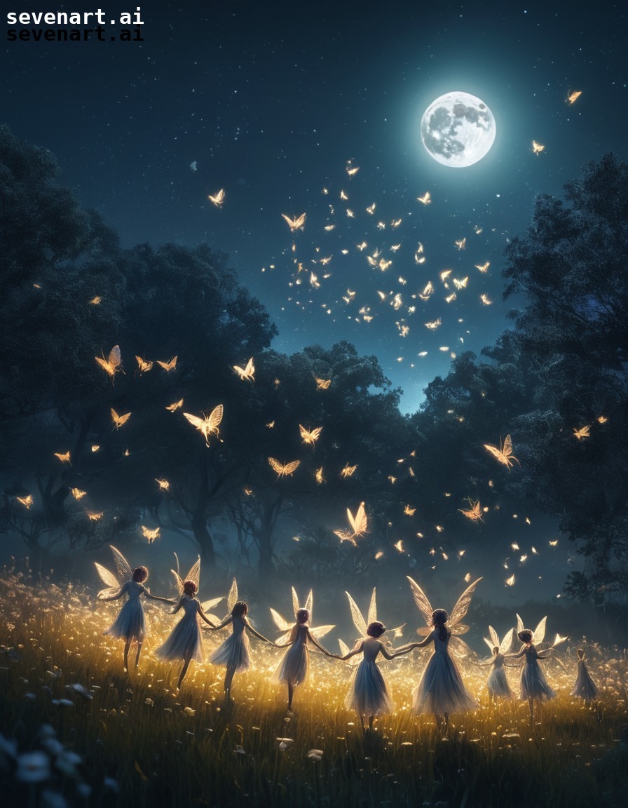 fairies, swarm, moonlit, meadow, shimmering