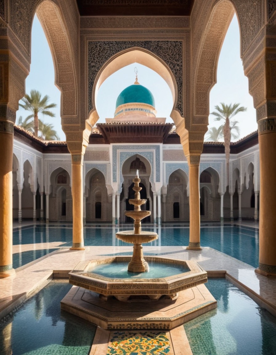 moroccan, palace, ornate, tile work, fountain