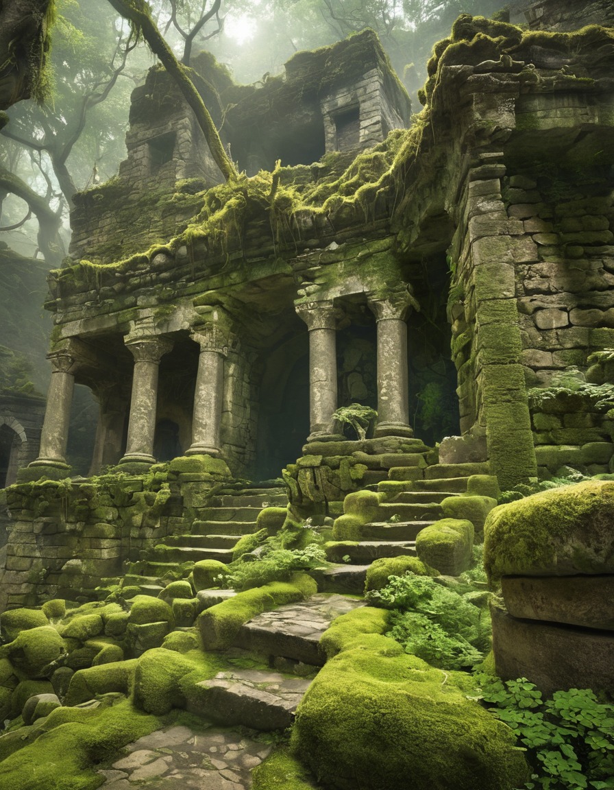 ancient ruins, nature reclaiming, vines, moss, abandoned souls, mythical creatures, fantastic