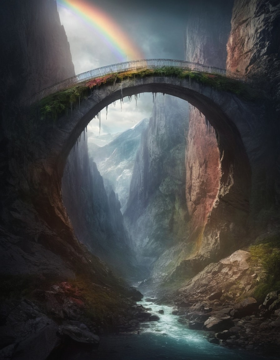 mystical, rainbow bridge, mountains, chasm, nature, wonder, transcendence