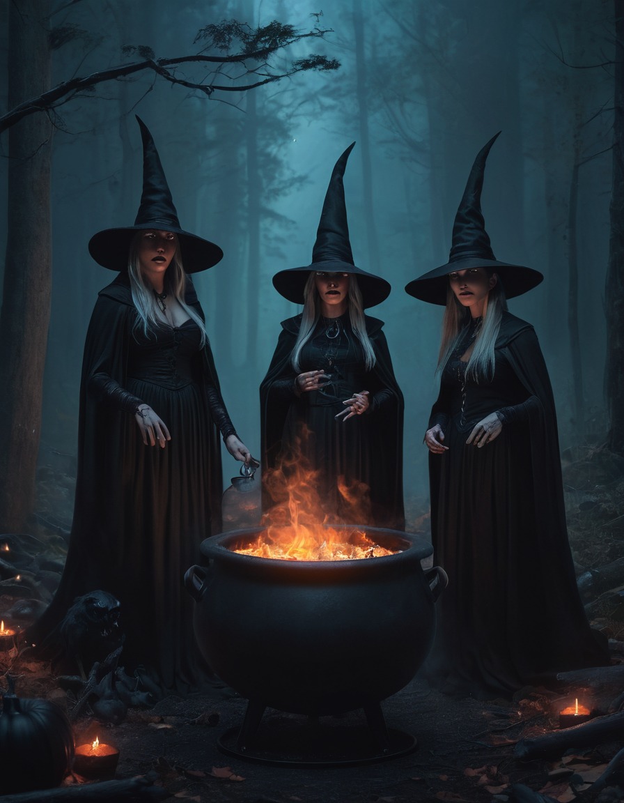 witches, coven, black cauldron, forest, dark, gathering, gothic, underground