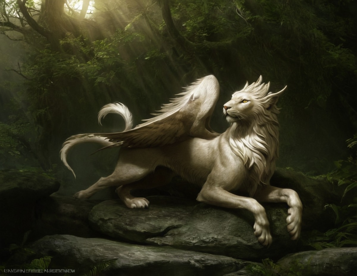 albino, dark, eyes, fantasy, forest, fur, griffin, griffon, gryphon, magic, red, white, wings