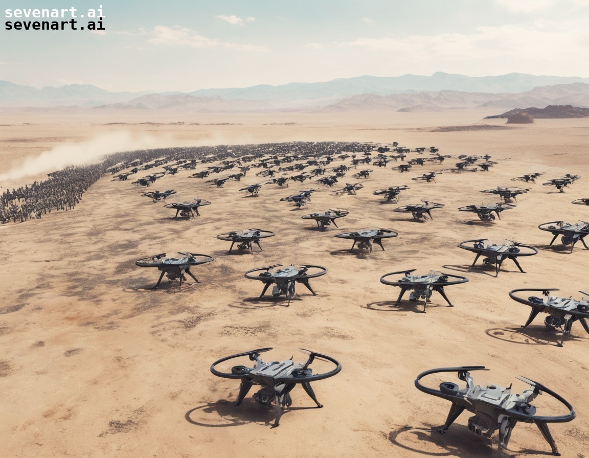 robotic drones, army, formation, wasteland, futuristic