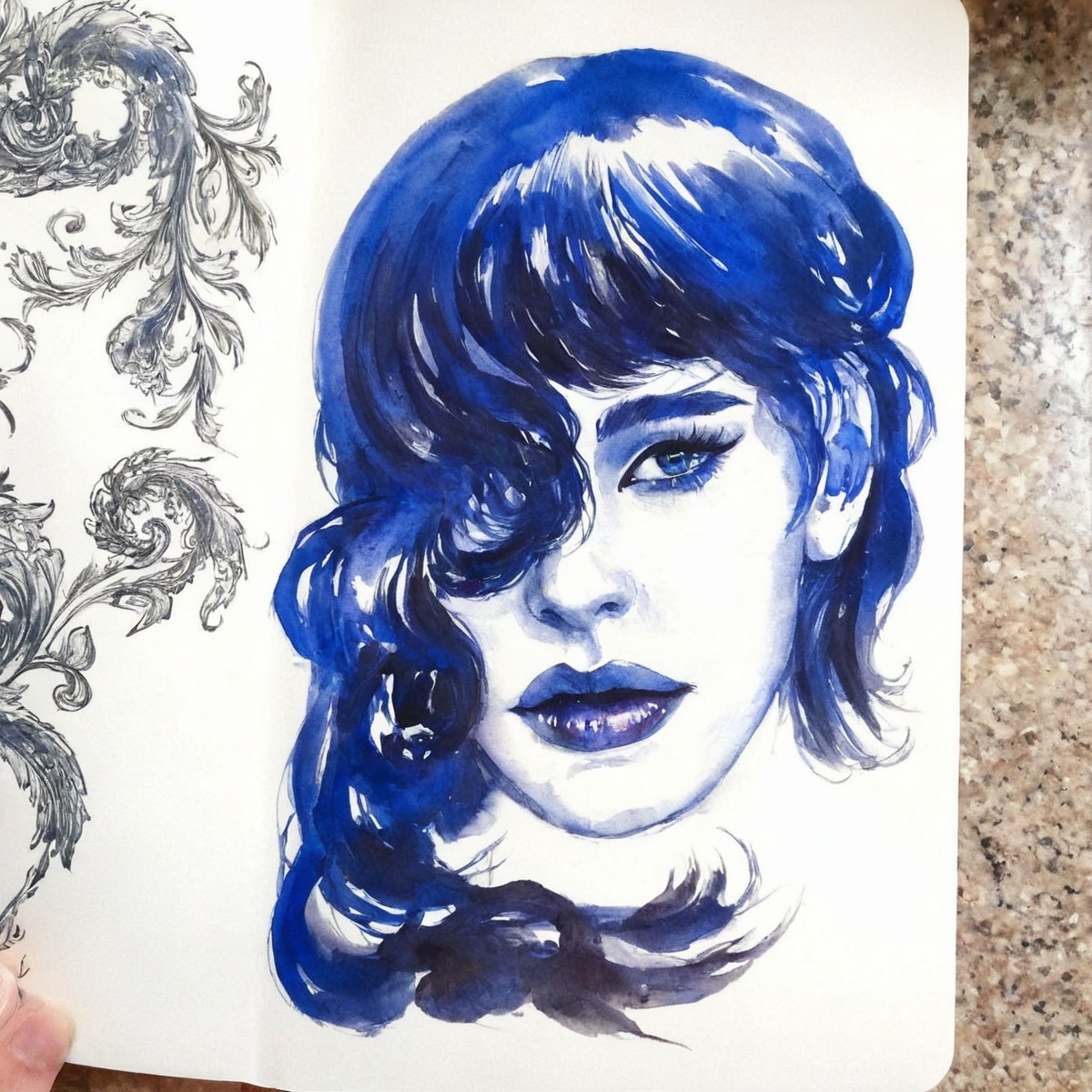 portrait, doodle, sketching, traditionalart, sketch, portraitgirl, blue, brush, face, gouache, gouachepainting