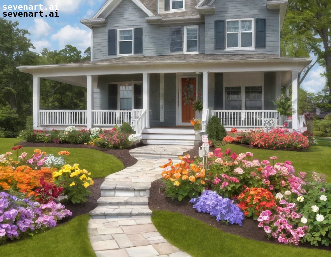 house, home, porch, flowers, pathway