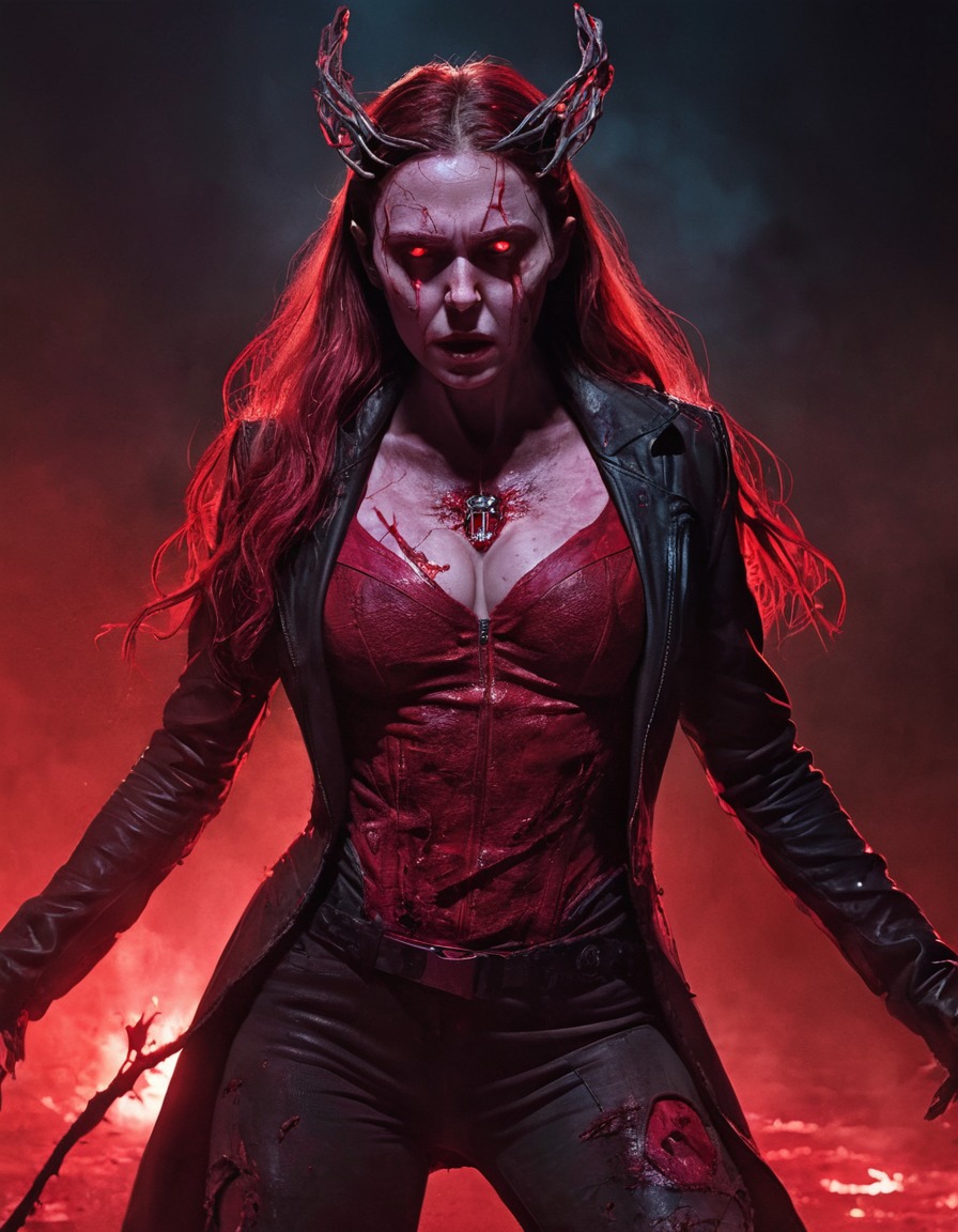 scarlet witch, zombie, glowing eyes, tattered costume, marvel