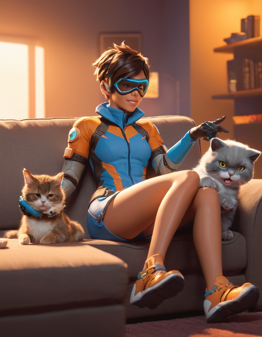 tracer, overwatch, pet, couch, relaxing, games, girls from games