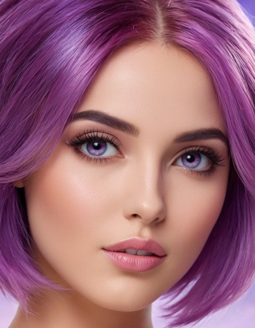 purple hair, prominent eyes, plump pout, beauty, portrait, digital art, vibrant hair