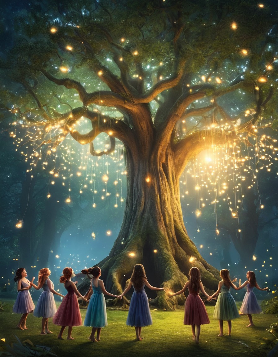 fairies, mystical tree, fireflies, magical, fantasy, fantastic