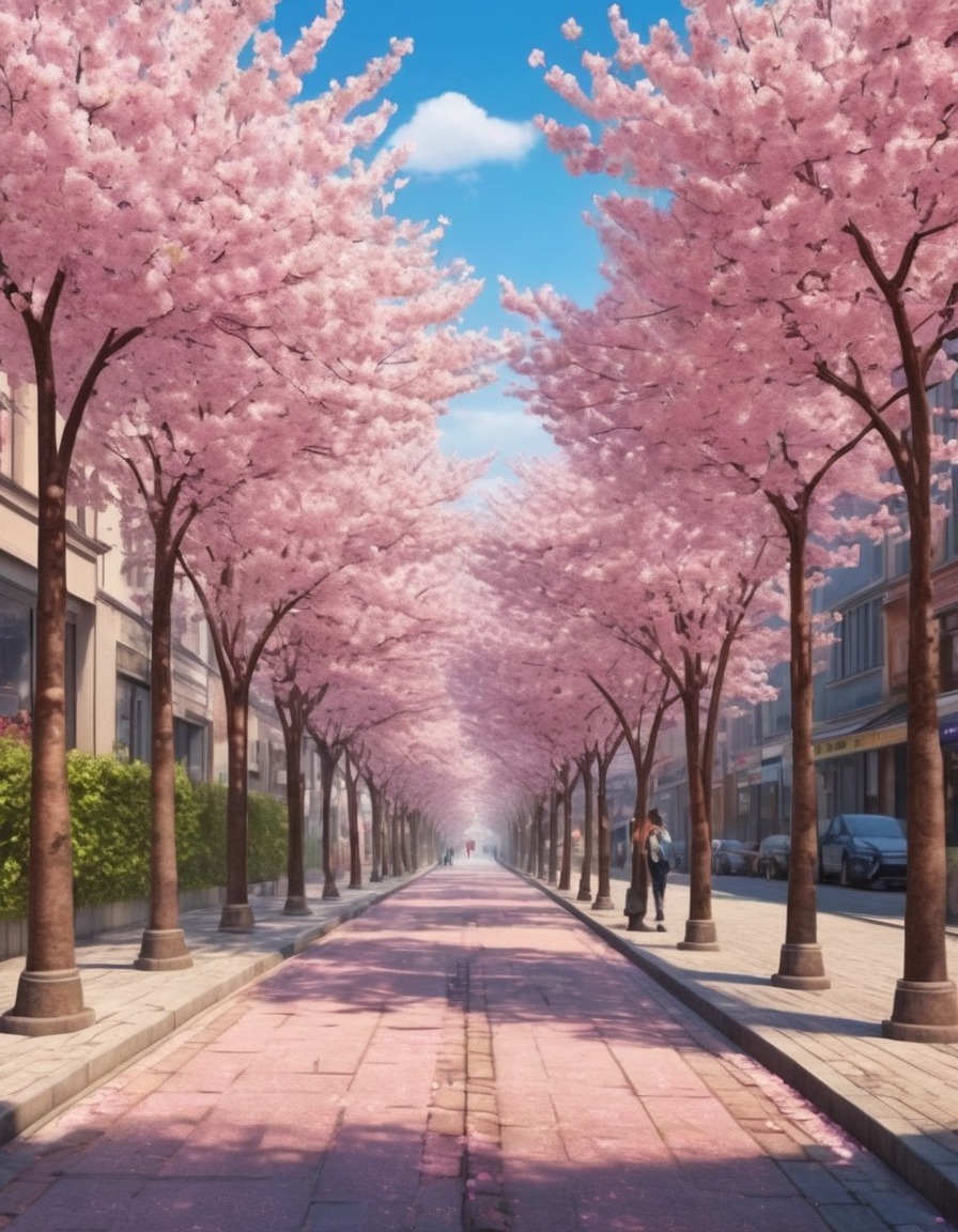 cherry blossoms, city street, urban landscape, springtime, nature in the city, nature, city