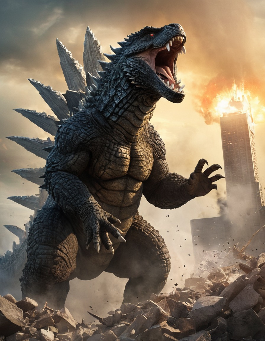 godzilla, monster, roar, triumph, rubble, kong