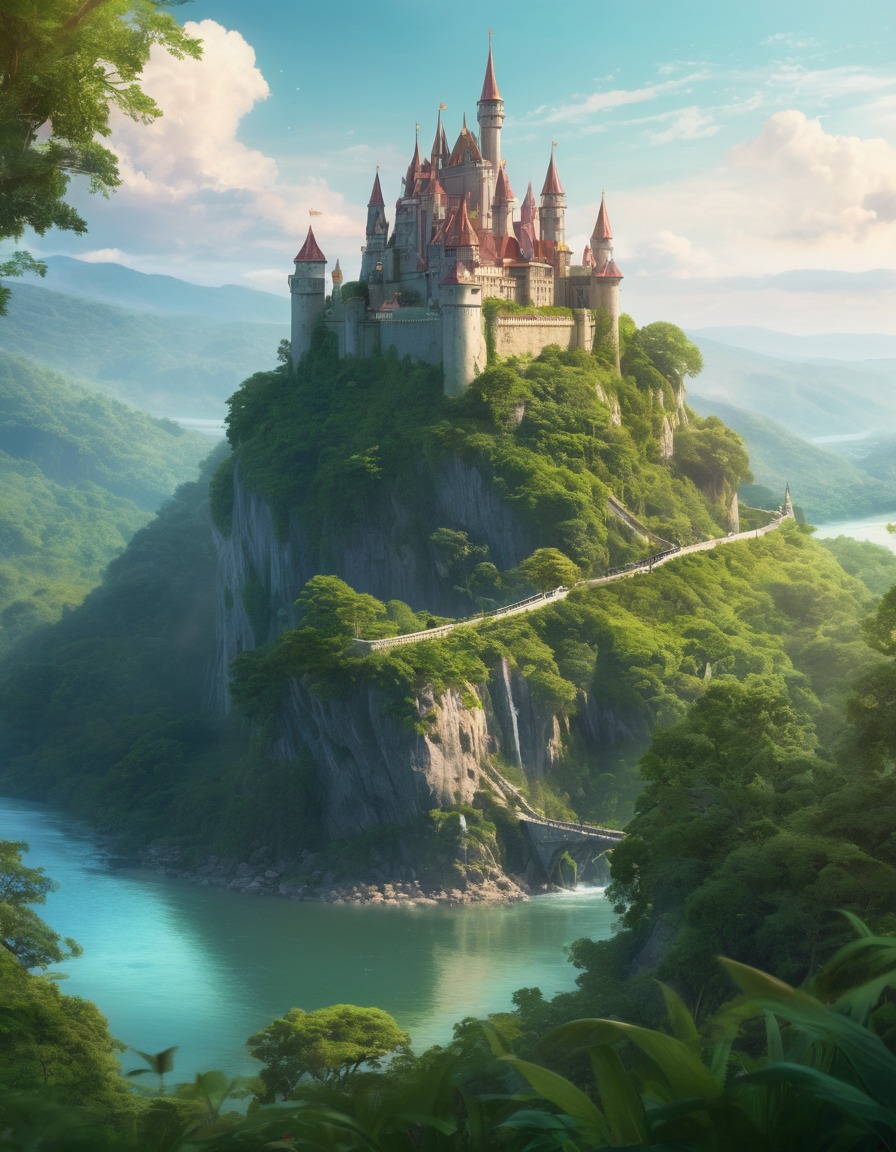 castle, hilltop, lush greenery, river, majestic