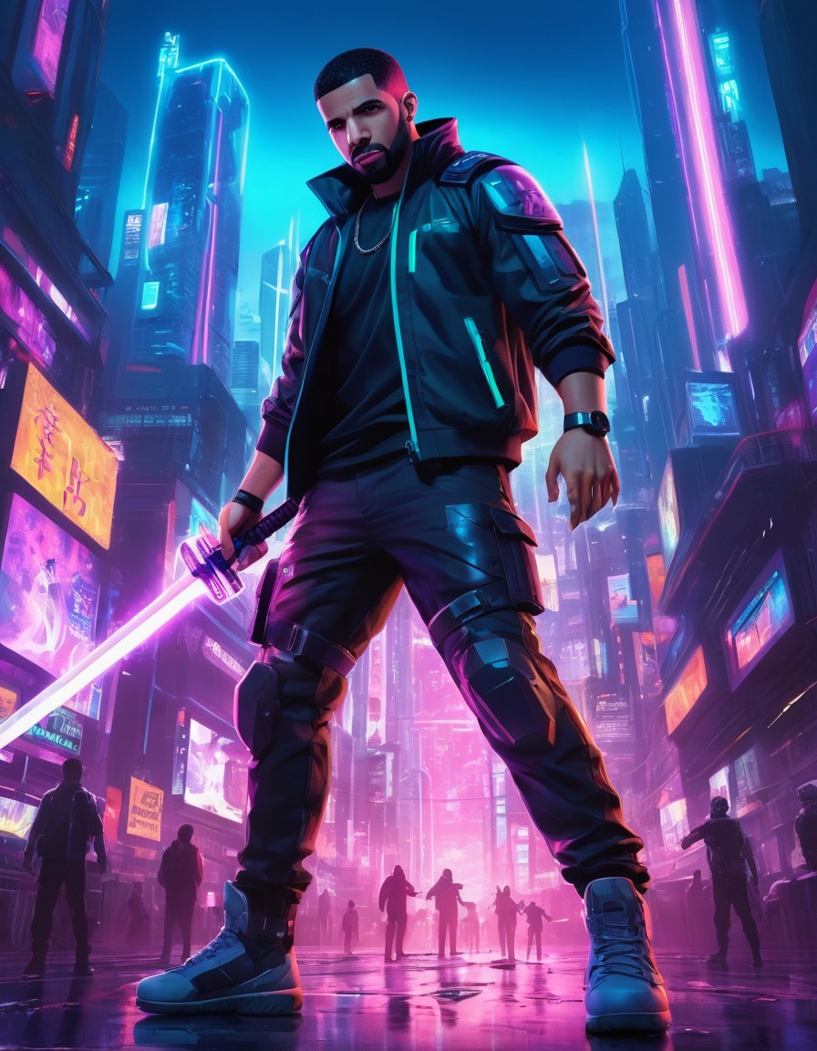 drake, anime, futuristic, cyberpunk, cityscape, sword, glowing