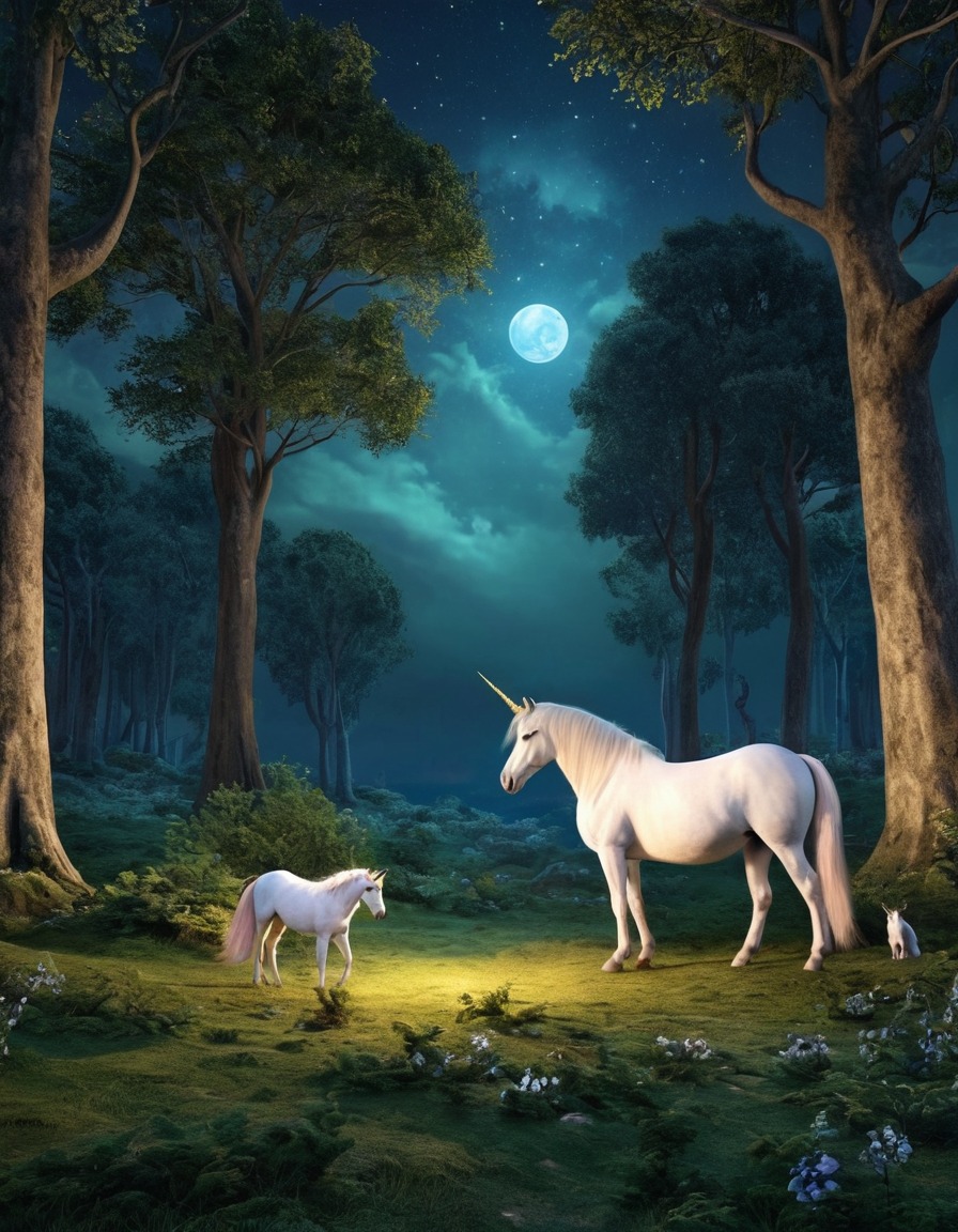 forest glade, unicorns, moonlight, fantasy scene, magical creatures