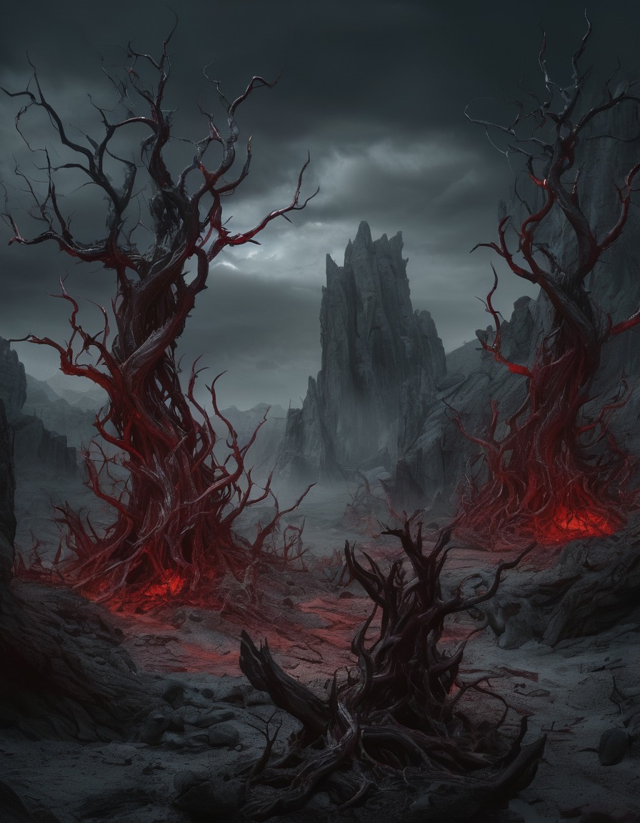 hellish landscape, twisted trees, jagged rocks, demoness, fantasy, supernatural, dark fantasy, demon, sexy, nsfw	