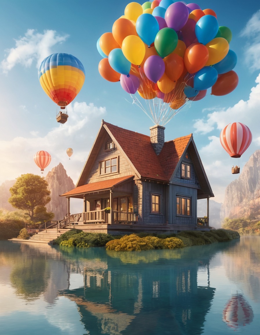 floating house, balloons, unusual architecture, aerial structure, innovative design, creative engineering