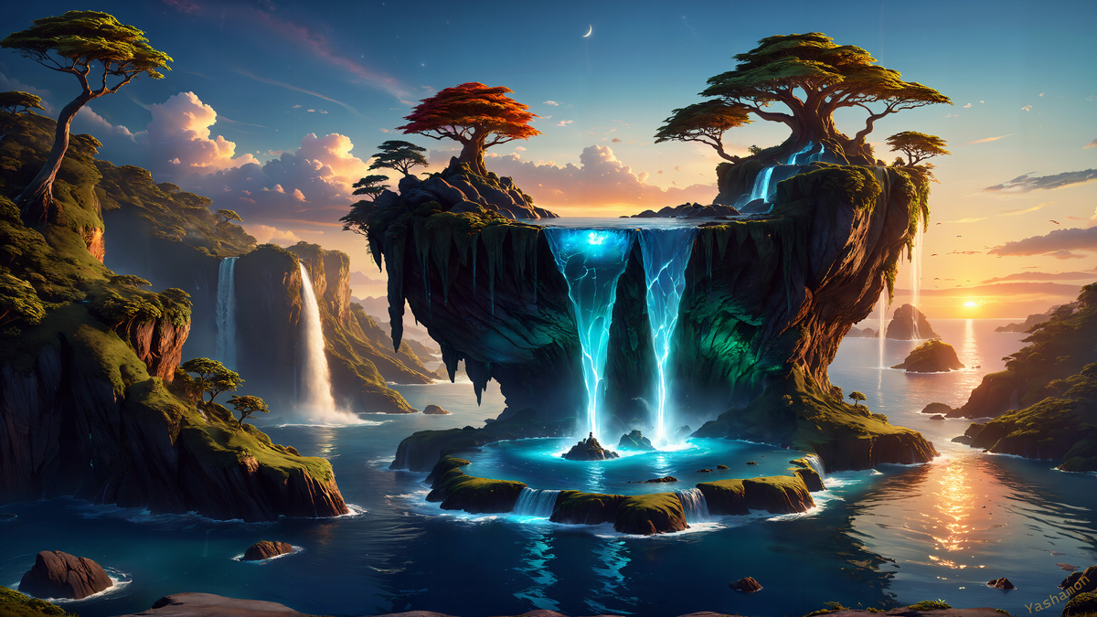 4k, 8k, cliffs, fantasy, fantasyart, fantasylandscape, island, landscapescenery, naturelandscape, sea, sunset, wallpaper, waterfall, naturebeautiful, aiart, 4kwallpaper, fantasy_wallpaper, 8kwallpaper, stablediffusion, cliffside, waterfallscenery