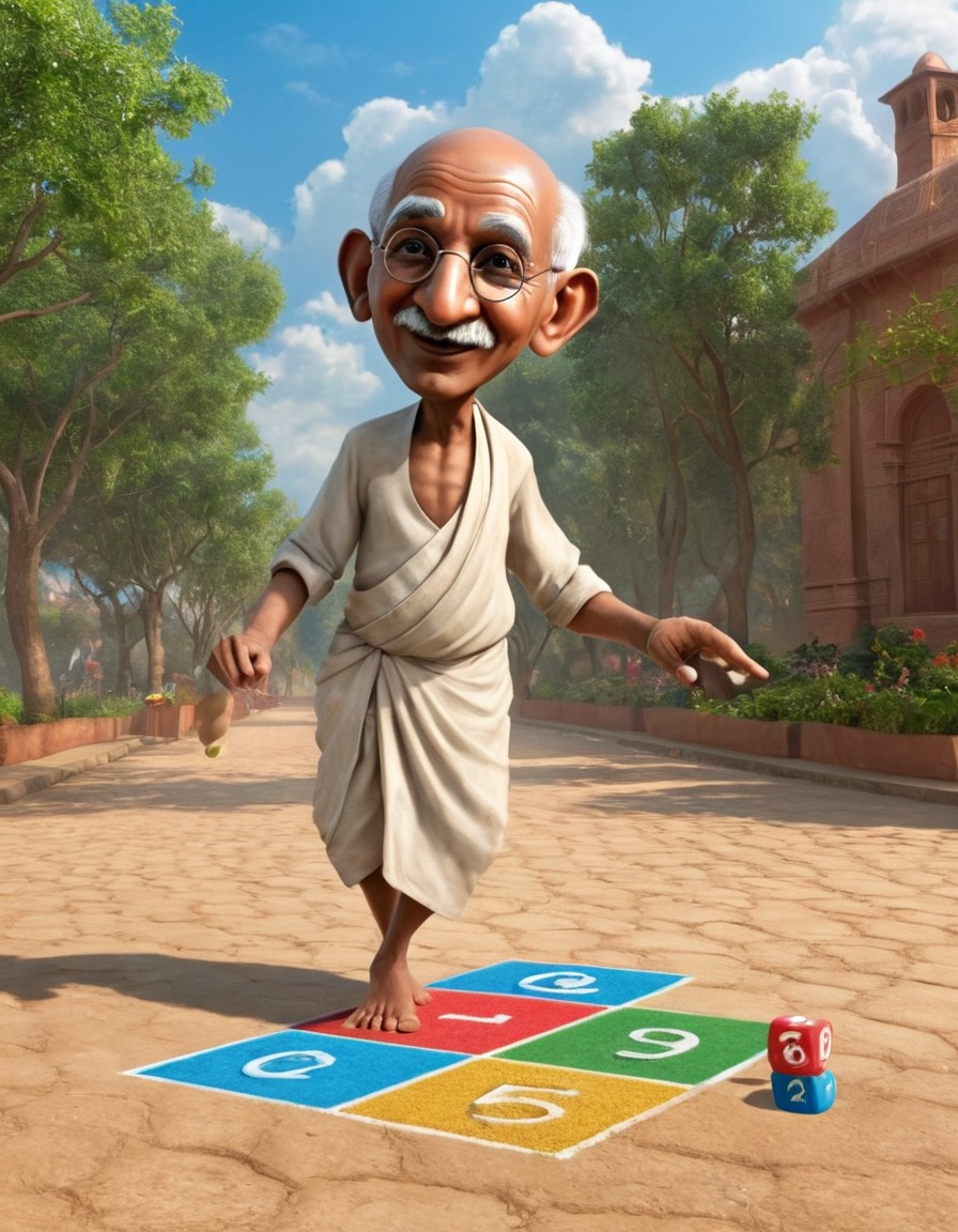 mahatma gandhi, caricature, hopscotch, humor, funny