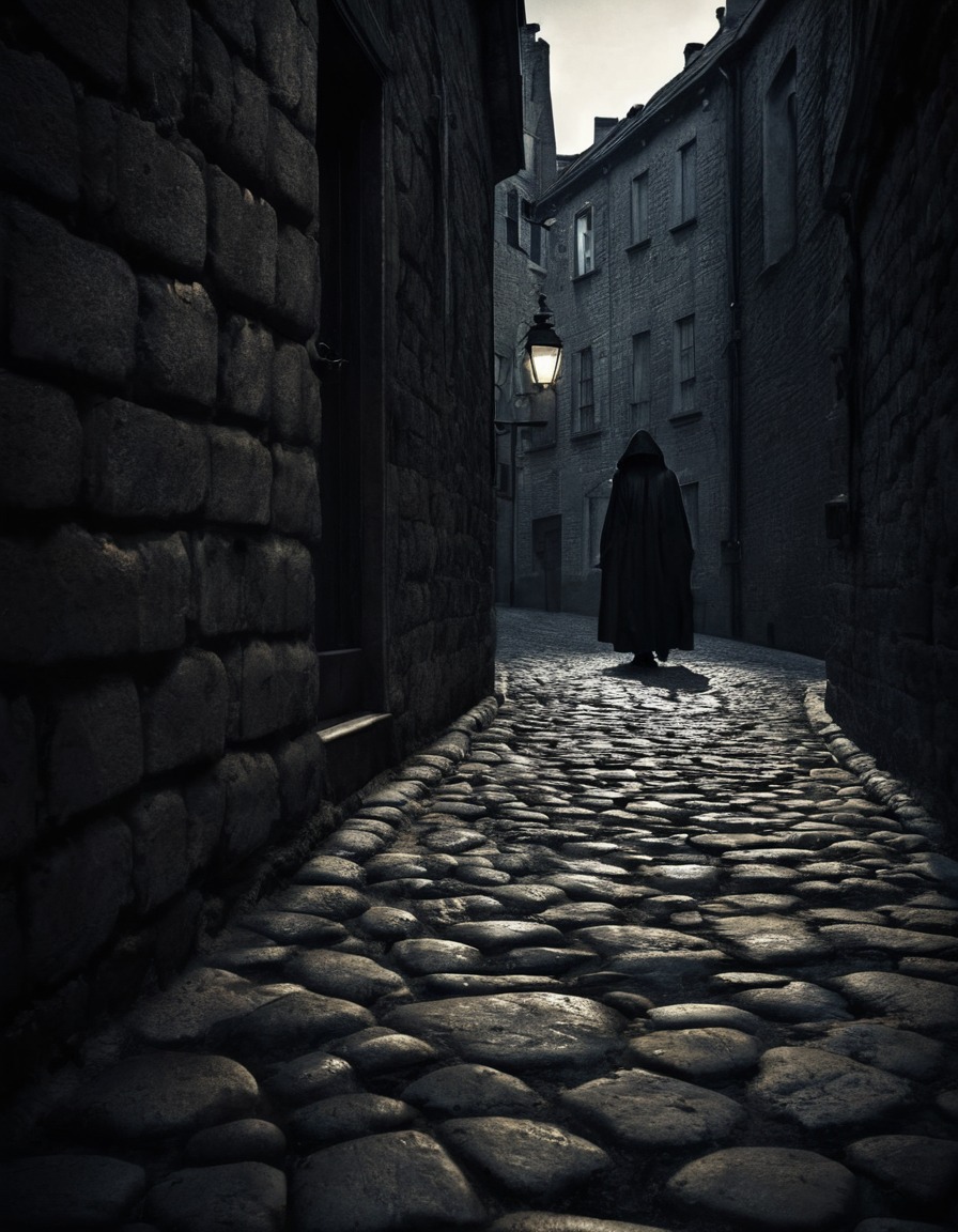 mystery, shadow, figure, lurking, street, cobblestone, gothic, underground, dark