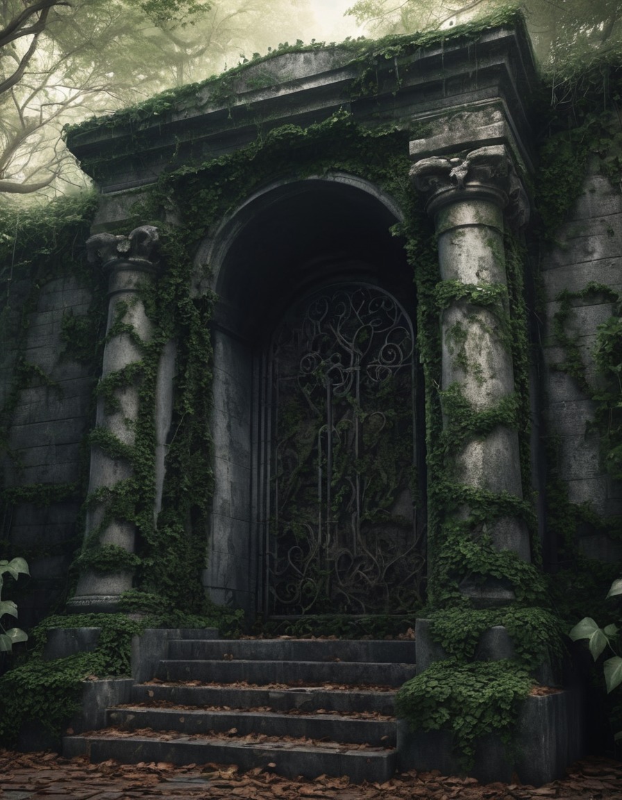 mausoleum, decrepit, ivy, architecture, cemetery, gothic, underground, dark