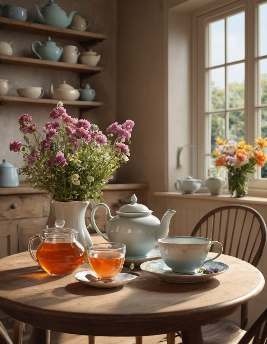 kitchen, table, fresh flowers, pot, tea, home, interior